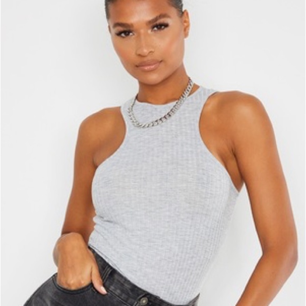 (B18) PrettyLittle Thing Grey Marl Rib‎ Racer Tank, Size 6, NWT - Picture 2 of 9